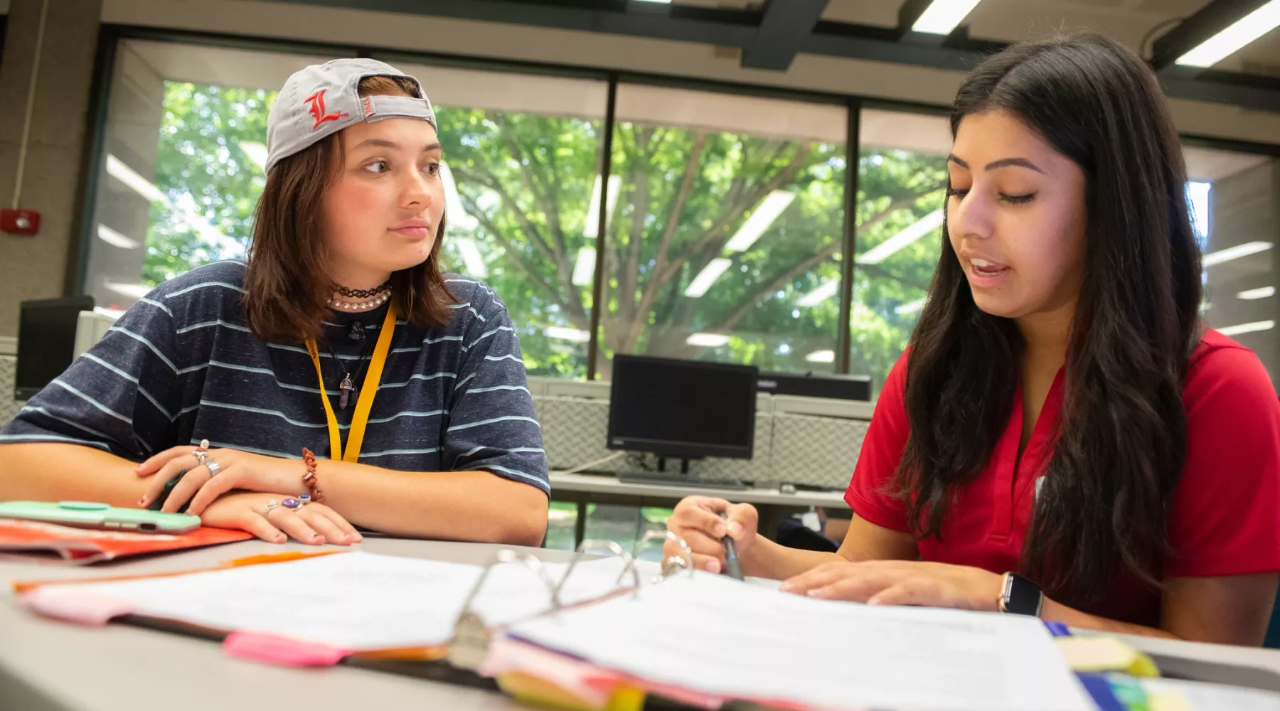 Student with an academic advisor during Orientation