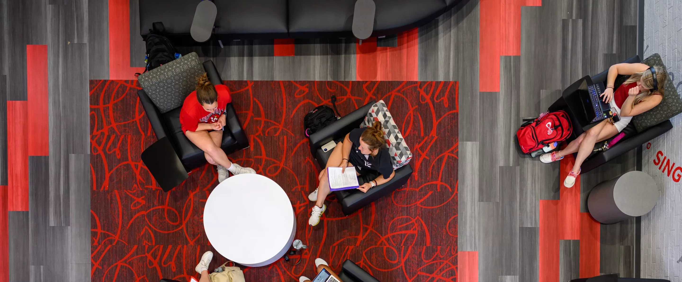 Aerial view of students in the Woodford R. & Harriet Porter Building.