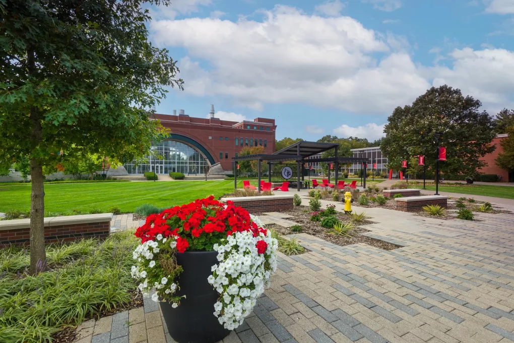 The 2020 Pavilion with Lutz and Schneider Hall in the background on a sunny fall day.