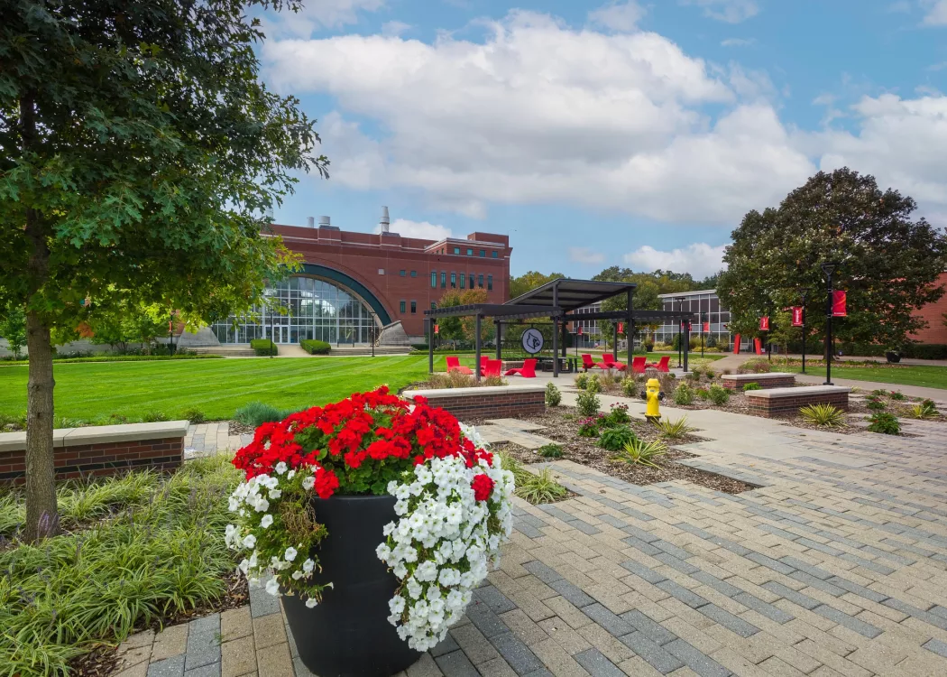 The 2020 Pavilion with Lutz and Schneider Hall in the background on a sunny fall day.