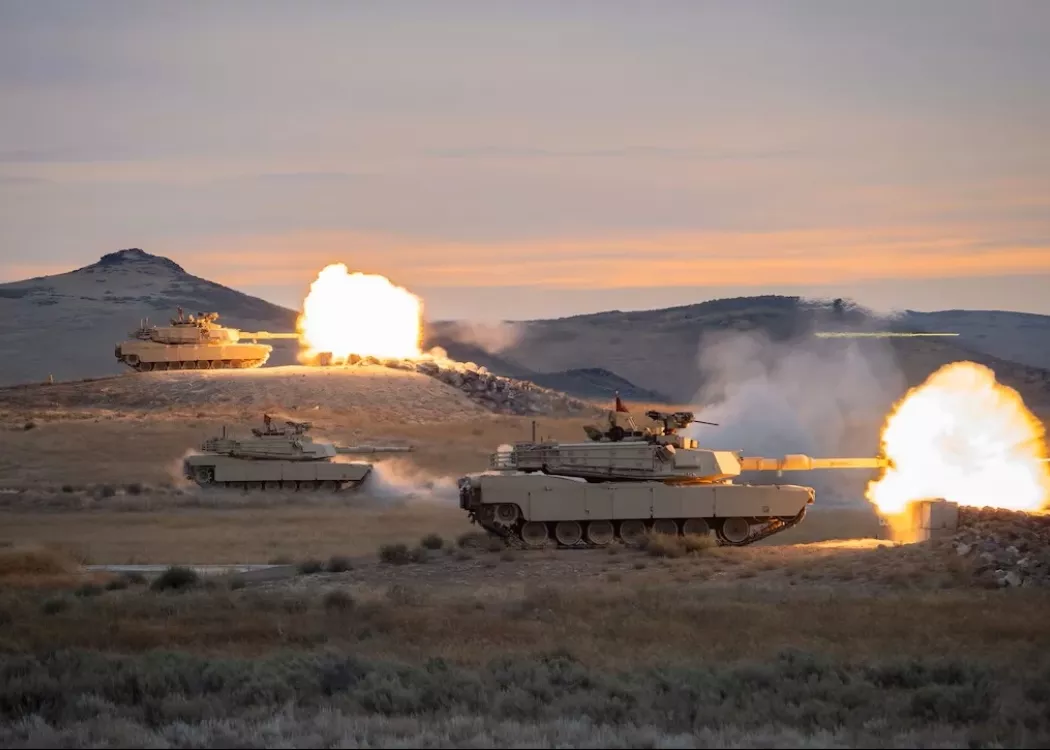 Army M1A2SEP tanks participate in the last round ceremony at Orchard Combat Training Center, Idaho, July 30, 2025.