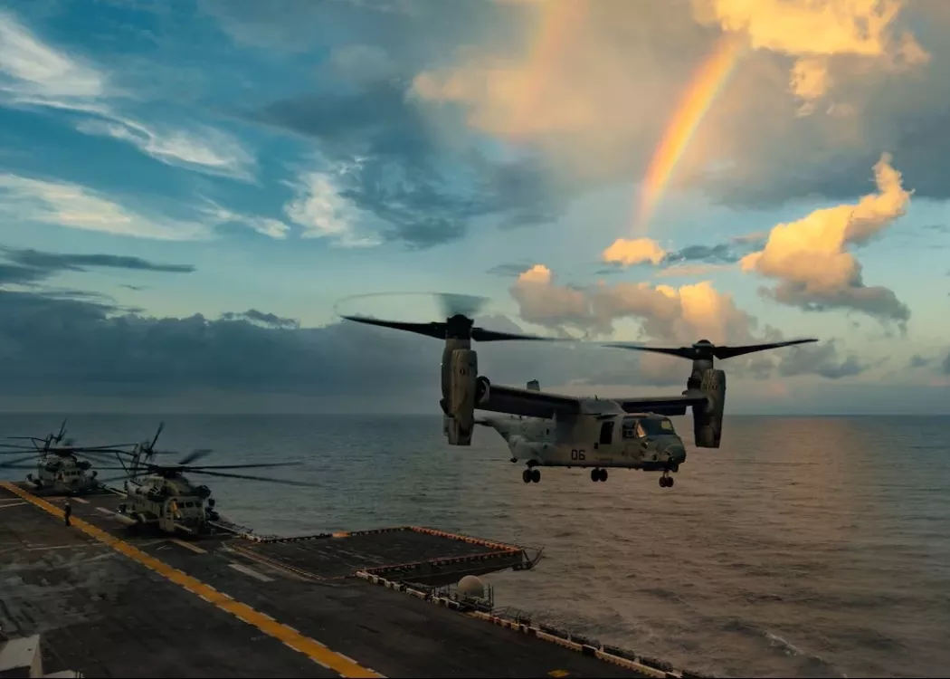 A Marine Corps MV-22 Osprey aircraft prepares to land aboard the USS Iwo Jima in the Atlantic Ocean, Aug. 16, 2025.
