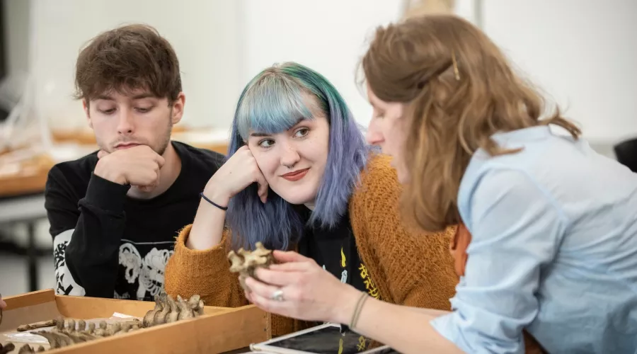 Professor helps students learn more about bones in an Anthropology lab