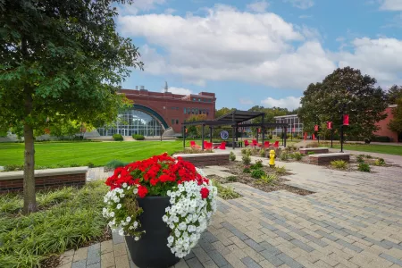 The 2020 Pavilion with Lutz and Schneider Hall in the background on a sunny fall day.